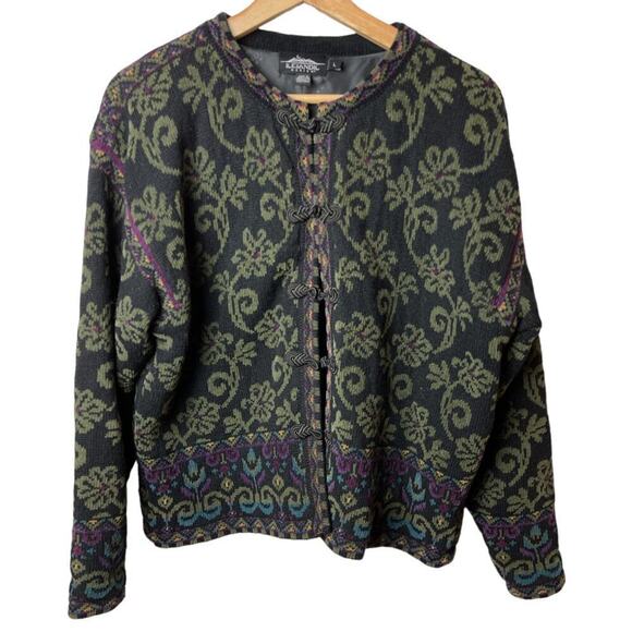 Vintage Icelandic Black Multi Cardigan Sweater Jacket Fully Line Women's Size L - Picture 1 of 7